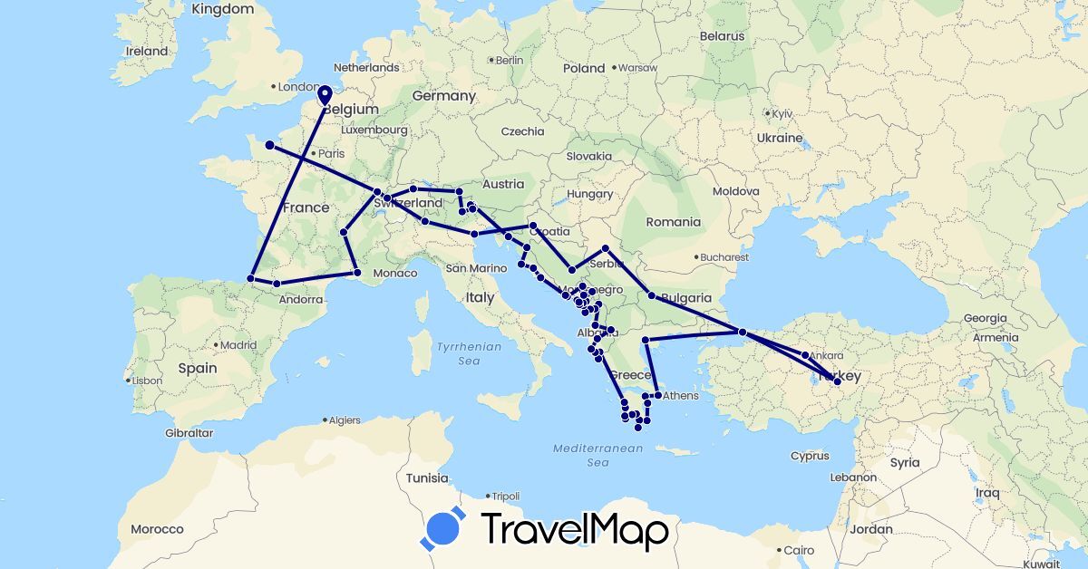 TravelMap itinerary: driving in Albania, Austria, Bosnia and Herzegovina, Bulgaria, Switzerland, France, Greece, Croatia, Italy, Montenegro, Macedonia, Serbia, Turkey (Asia, Europe)